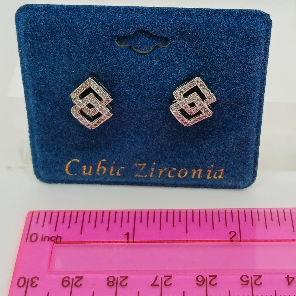 Vintage 1990s‎ Cubic Zirconia Interlocking Square Stud Earrings Silver Tone Rare